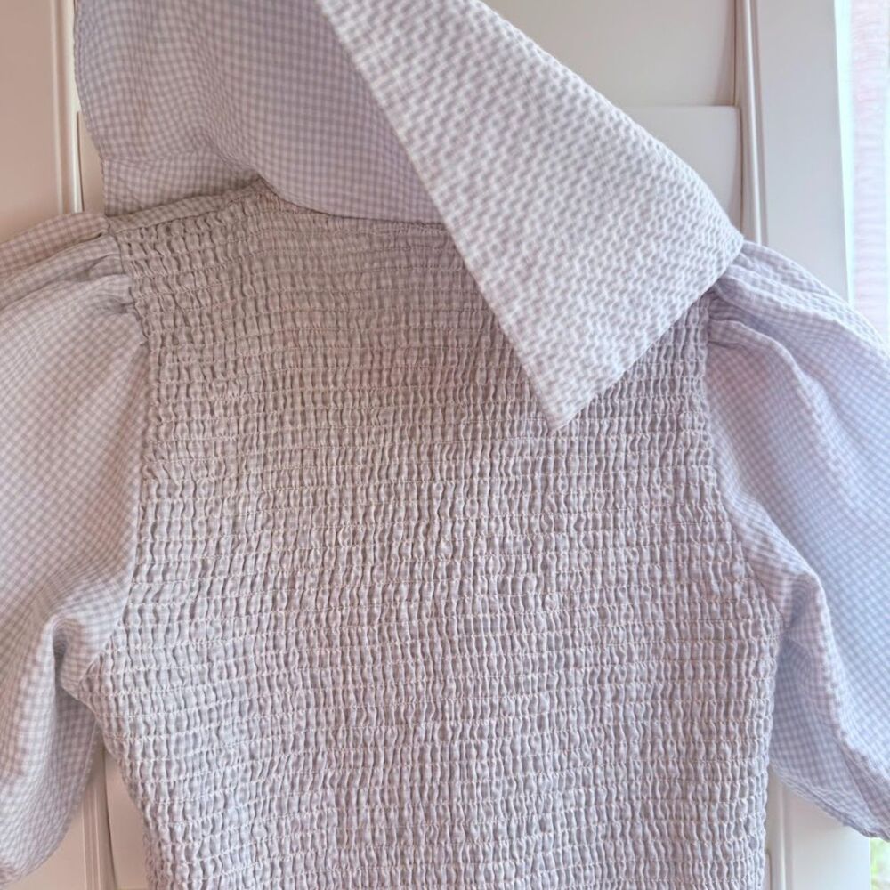 Storia Smocked Blue Gingham Peplum Top with Puff Sleeves & Square Collar size S - Picture 7 of 11